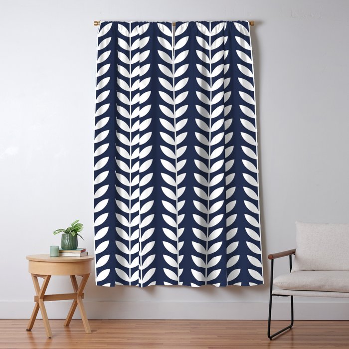 Navy Blue and White Scandinavian leaves pattern Window Curtain Gallery Image 5