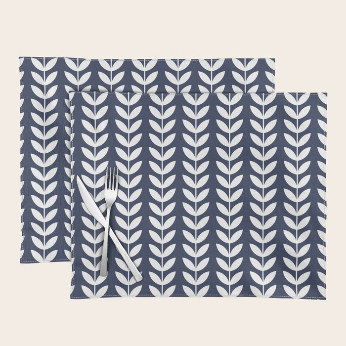 Navy Blue and White Scandinavian leaves pattern Placemat Gallery Image 1