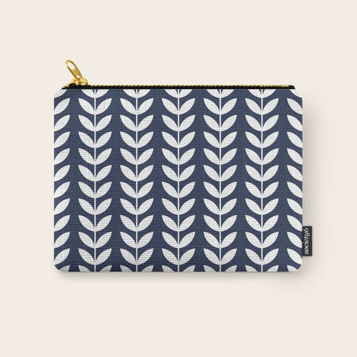 Navy Blue and White Scandinavian leaves pattern Carry All Pouch Gallery Image 1