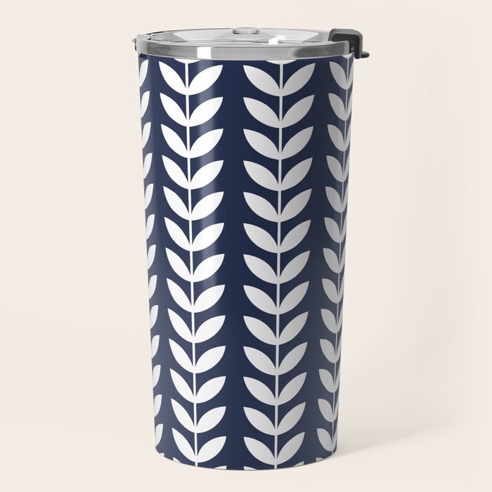 Navy Blue and White Scandinavian leaves pattern Travel Mug Gallery Image 2