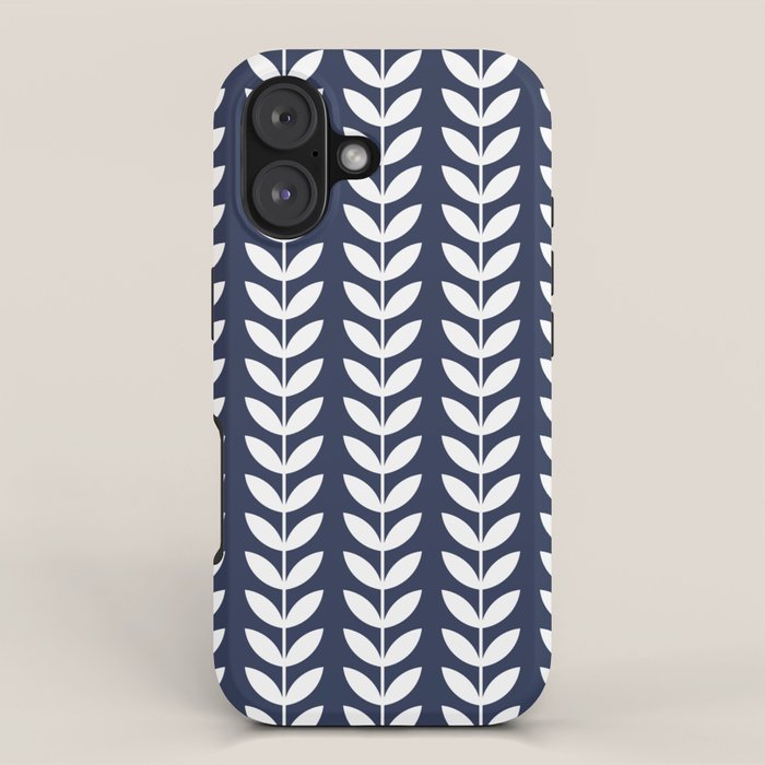 Navy Blue and White Scandinavian leaves pattern iPhone Case Gallery Image 1