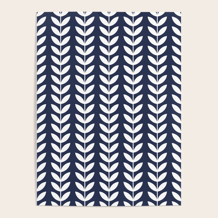 Navy Blue and White Scandinavian leaves pattern Poster Gallery Image 4