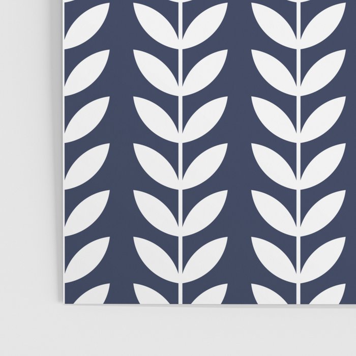 Navy Blue and White Scandinavian leaves pattern Poster Gallery Image 3