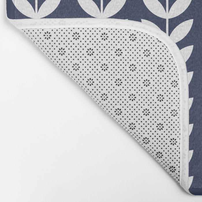 Navy Blue and White Scandinavian leaves pattern Bath Mat Gallery Image 2