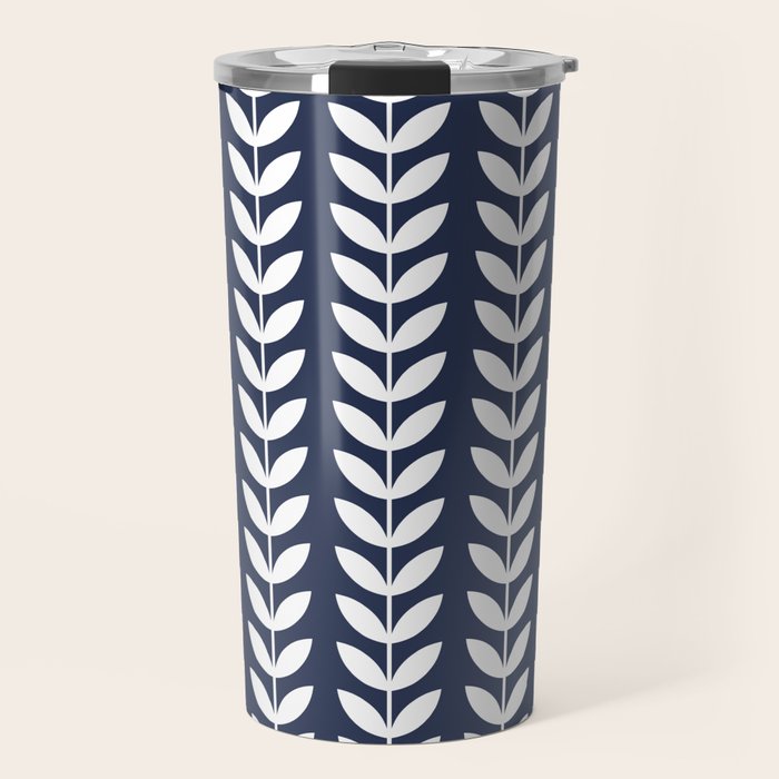 Navy Blue and White Scandinavian leaves pattern Travel Mug Gallery Image 1