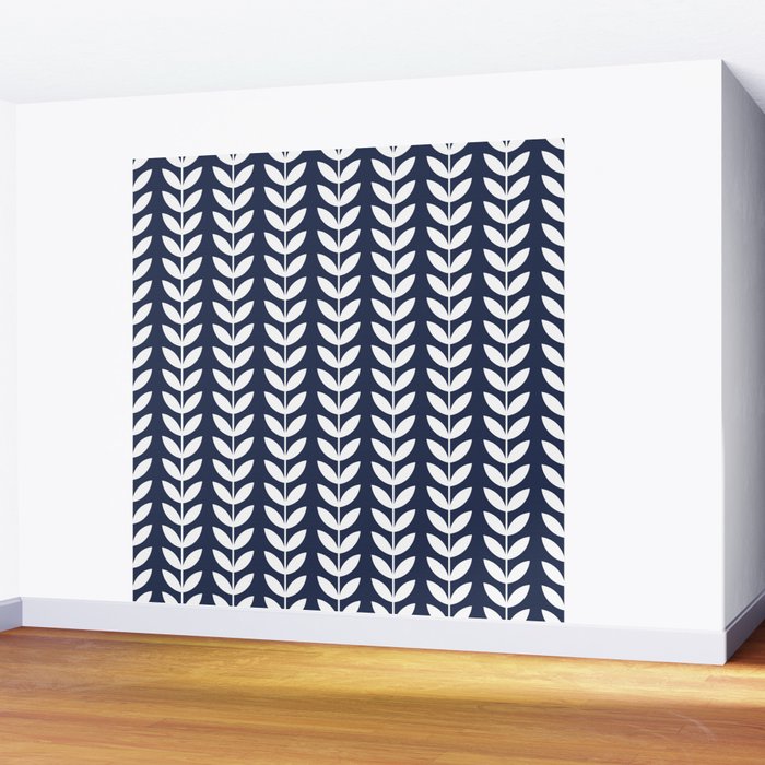 Navy Blue and White Scandinavian leaves pattern Wall Mural Gallery Image 2