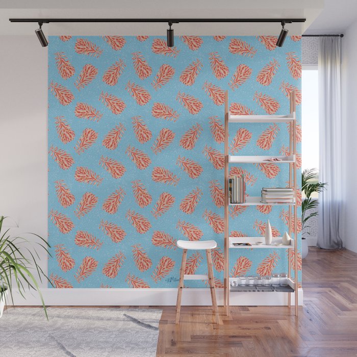 Dancing Pinecones in Light Blue & Red Wall Mural Gallery Image 1