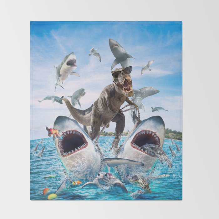 Dinosaur Riding Sharks Throw Blanket Gallery Image 2