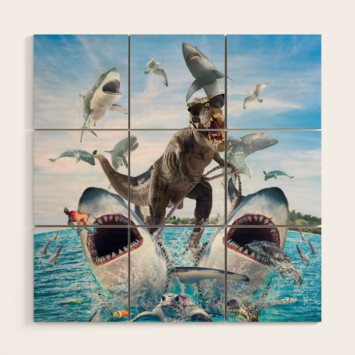 Dinosaur Riding Sharks Wood Wall Art Gallery Image 1