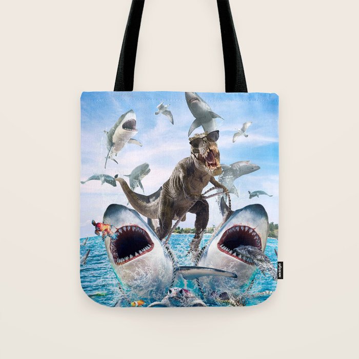 Dinosaur Riding Sharks Tote Bag Gallery Image 1