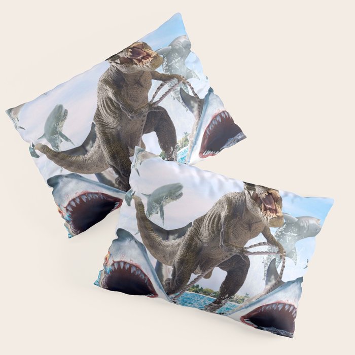 Dinosaur Riding Sharks Pillow Sham Gallery Image 1
