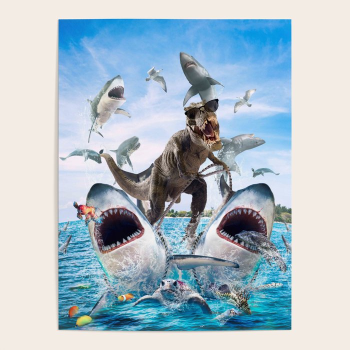Dinosaur Riding Sharks Poster Gallery Image 4