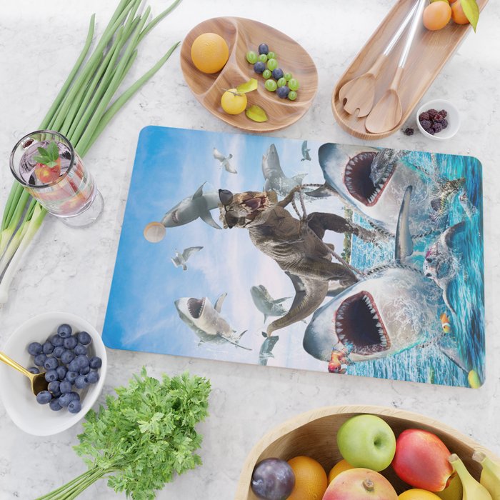 Dinosaur Riding Sharks Cutting Board Gallery Image 2