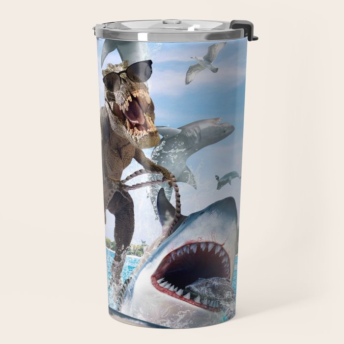 Dinosaur Riding Sharks Travel Mug Gallery Image 2