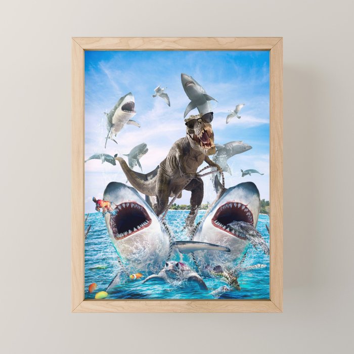Dinosaur Riding Sharks Mini Art Print Gallery Image 1