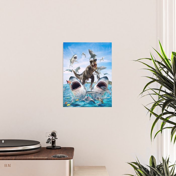 Dinosaur Riding Sharks Poster Gallery Image 2