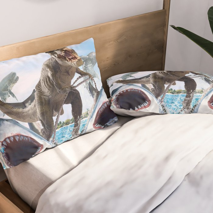 Dinosaur Riding Sharks Pillow Sham Gallery Image 2