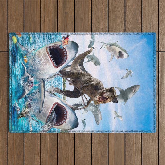 Dinosaur Riding Sharks Outdoor Rug Gallery Image 1