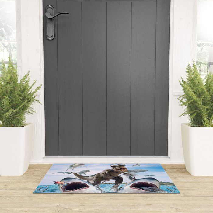 Dinosaur Riding Sharks Welcome Mat Gallery Image 3
