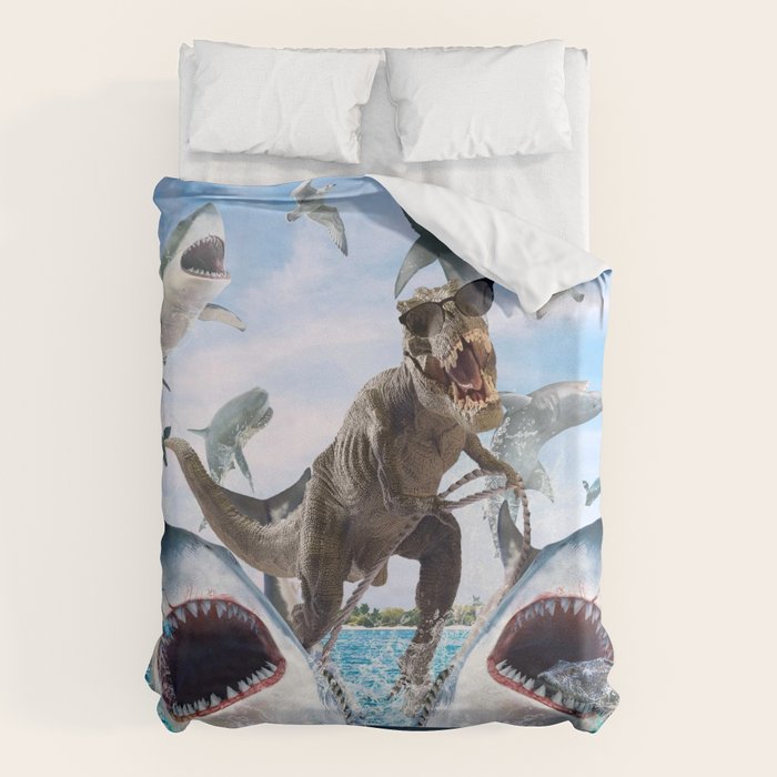 Dinosaur Riding Sharks Duvet Cover