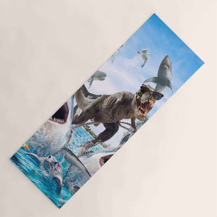 Dinosaur Riding Sharks Yoga Mat Gallery Image 1