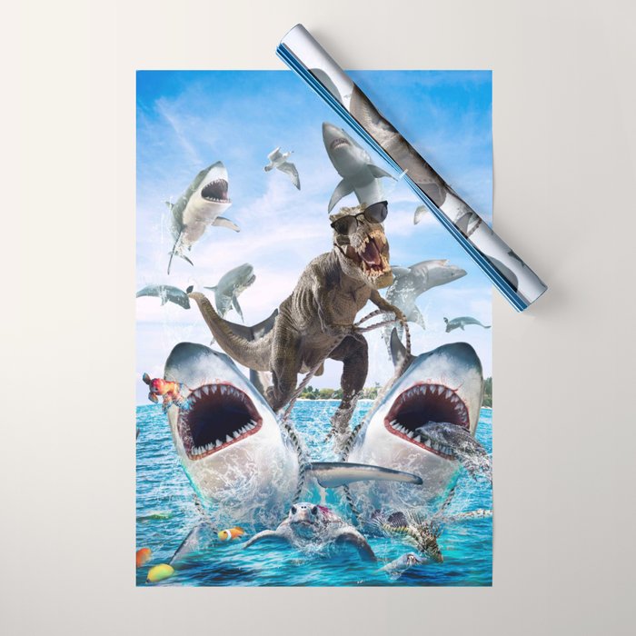 Dinosaur Riding Sharks Wrapping Paper Gallery Image 1