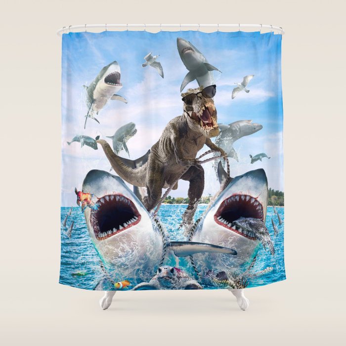 Dinosaur Riding Sharks Shower Curtain Gallery Image 1