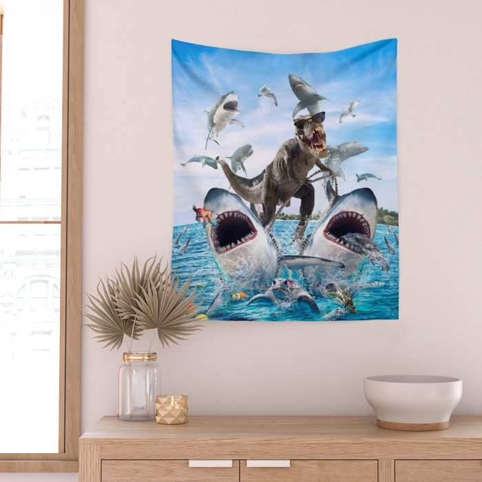 Dinosaur Riding Sharks Wall Tapestry Gallery Image 2