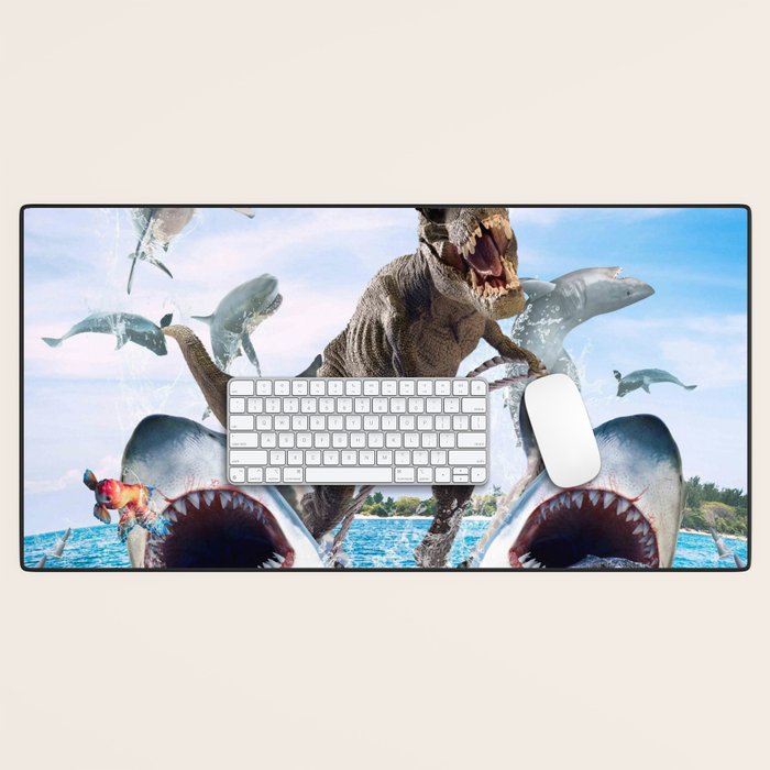 Dinosaur Riding Sharks Desk Mat Gallery Image 1