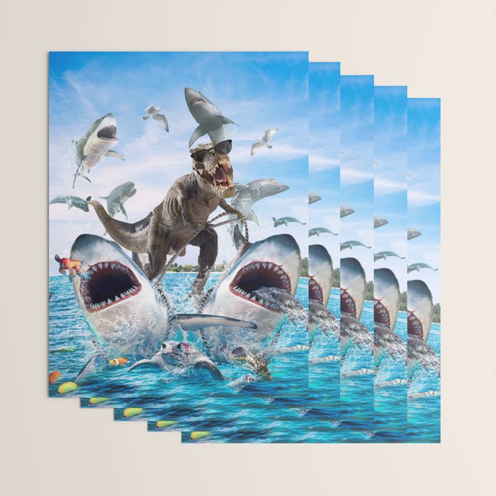 Dinosaur Riding Sharks Wrapping Paper Gallery Image 3