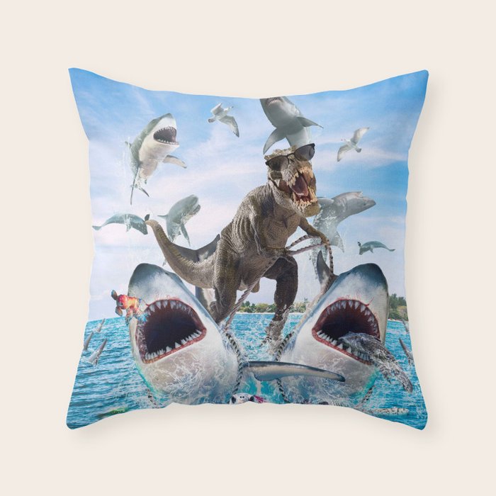 Dinosaur Riding Sharks Throw Pillow Gallery Image 6