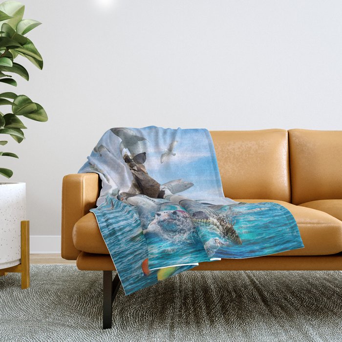 Dinosaur Riding Sharks Throw Blanket Gallery Image 1