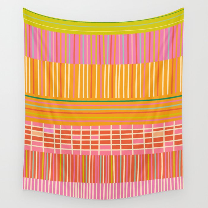 Spring Patchwork Whimsical Finnish Stripe Pattern Pink Orange Lime Wall Tapestry Gallery Image 1