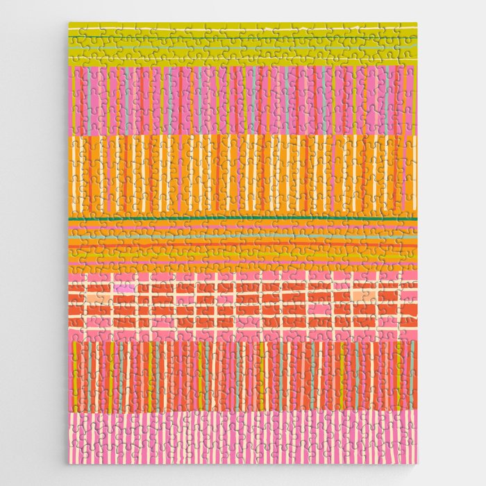 Spring Patchwork Whimsical Finnish Stripe Pattern Pink Orange Lime Jigsaw Puzzle Gallery Image 1