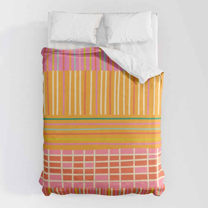 Spring Patchwork Whimsical Finnish Stripe Pattern Pink Orange Lime Duvet Cover Gallery Image 1