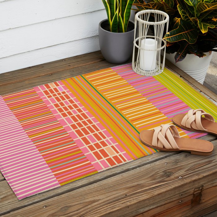 Spring Patchwork Whimsical Finnish Stripe Pattern Pink Orange Lime Outdoor Rug Gallery Image 2