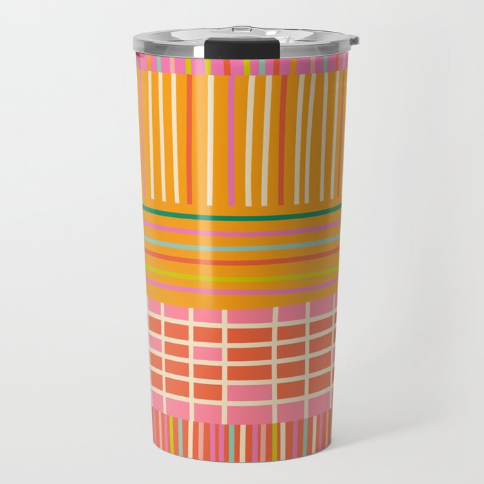 Spring Patchwork Whimsical Finnish Stripe Pattern Pink Orange Lime Travel Mug Gallery Image 1