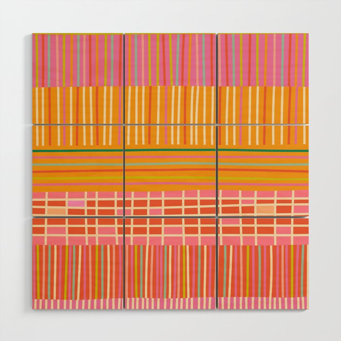 Spring Patchwork Whimsical Finnish Stripe Pattern Pink Orange Lime Wood Wall Art Gallery Image 1