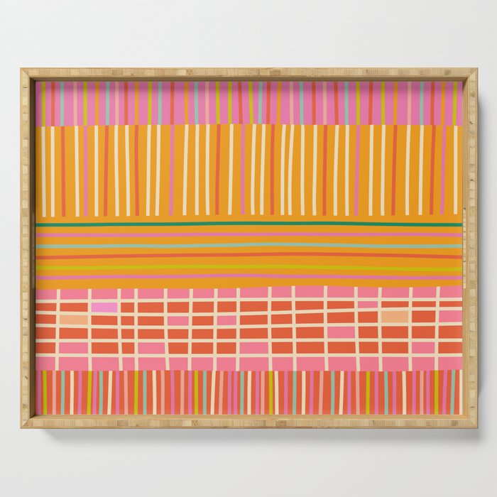 Spring Patchwork Whimsical Finnish Stripe Pattern Pink Orange Lime Serving Tray Gallery Image 1
