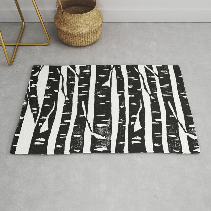 Woodcut Birches Black Rug Gallery Image 1
