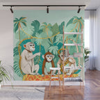 Play Date, Monkeys Jungle Playing Animals, Mischievous Wildlife Forest Tropical Nature, Funny Cute Snake Adventure, Bohemian Quirky Illustration Painting Wall Mural Gallery Image 1