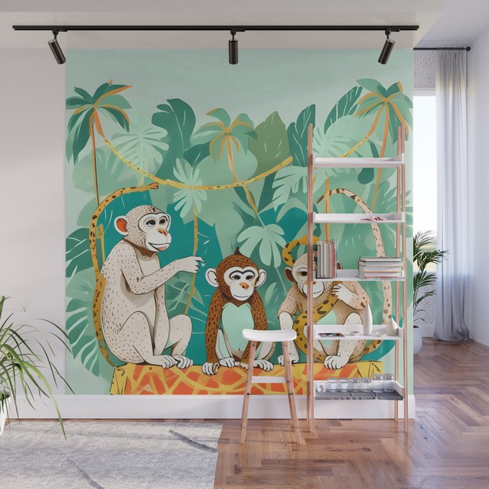 Play Date, Monkeys Jungle Playing Animals, Mischievous Wildlife Forest Tropical Nature, Funny Cute Snake Adventure, Bohemian Quirky Illustration Painting Wall Mural Gallery Image 1
