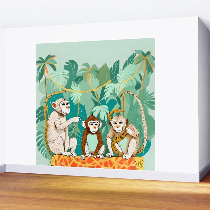 Play Date, Monkeys Jungle Playing Animals, Mischievous Wildlife Forest Tropical Nature, Funny Cute Snake Adventure, Bohemian Quirky Illustration Painting Wall Mural Gallery Image 2