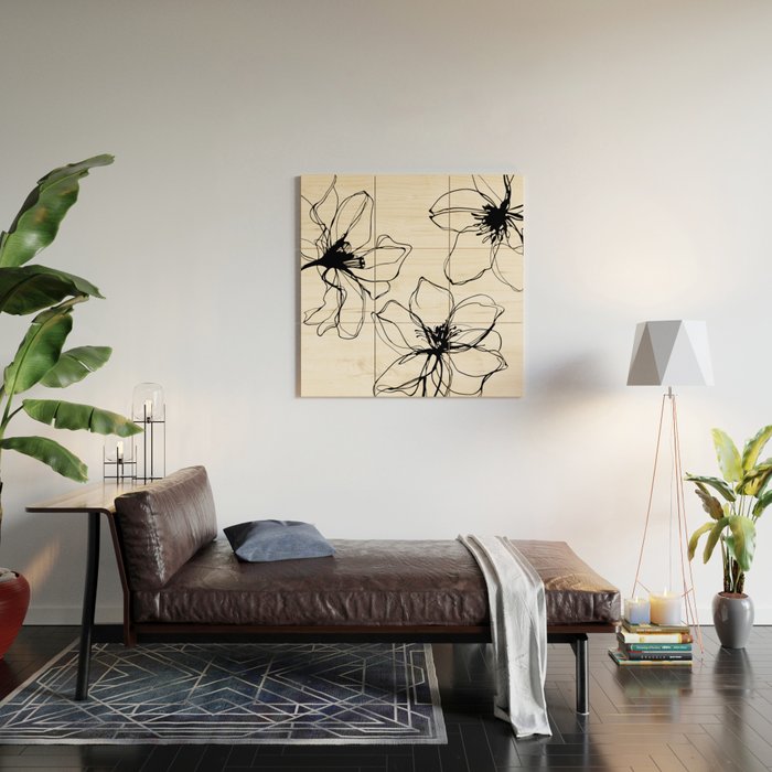 Bold Line Art Flowers Wood Wall Art Gallery Image 2