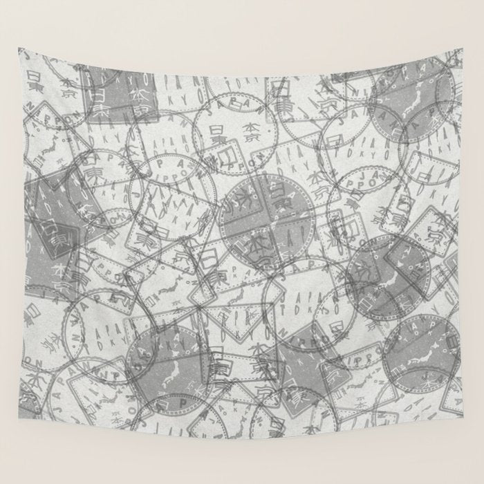Vintage Tokyo Japan Postmark Pattern Wall Tapestry Gallery Image 1