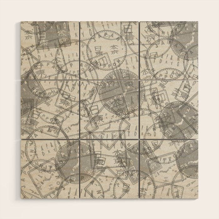 Vintage Tokyo Japan Postmark Pattern Wood Wall Art Gallery Image 1