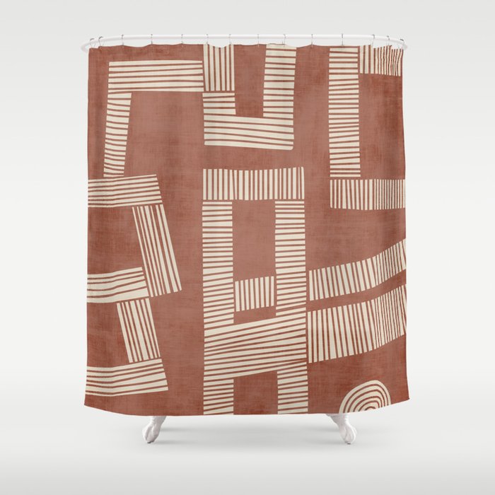 Terracotta Cream Digital Linocut Boho Artwork Shower Curtain Gallery Image 1
