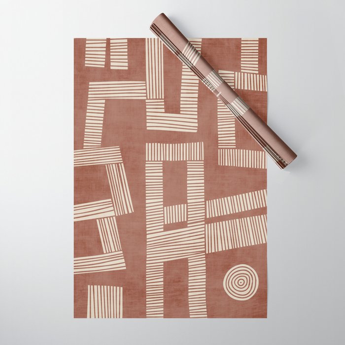 Terracotta Cream Digital Linocut Boho Artwork Wrapping Paper Gallery Image 1