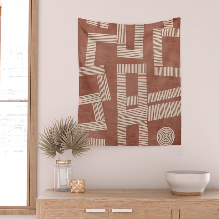 Terracotta Cream Digital Linocut Boho Artwork Wall Tapestry Gallery Image 2