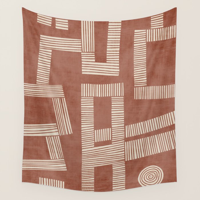 Terracotta Cream Digital Linocut Boho Artwork Wall Tapestry Gallery Image 4